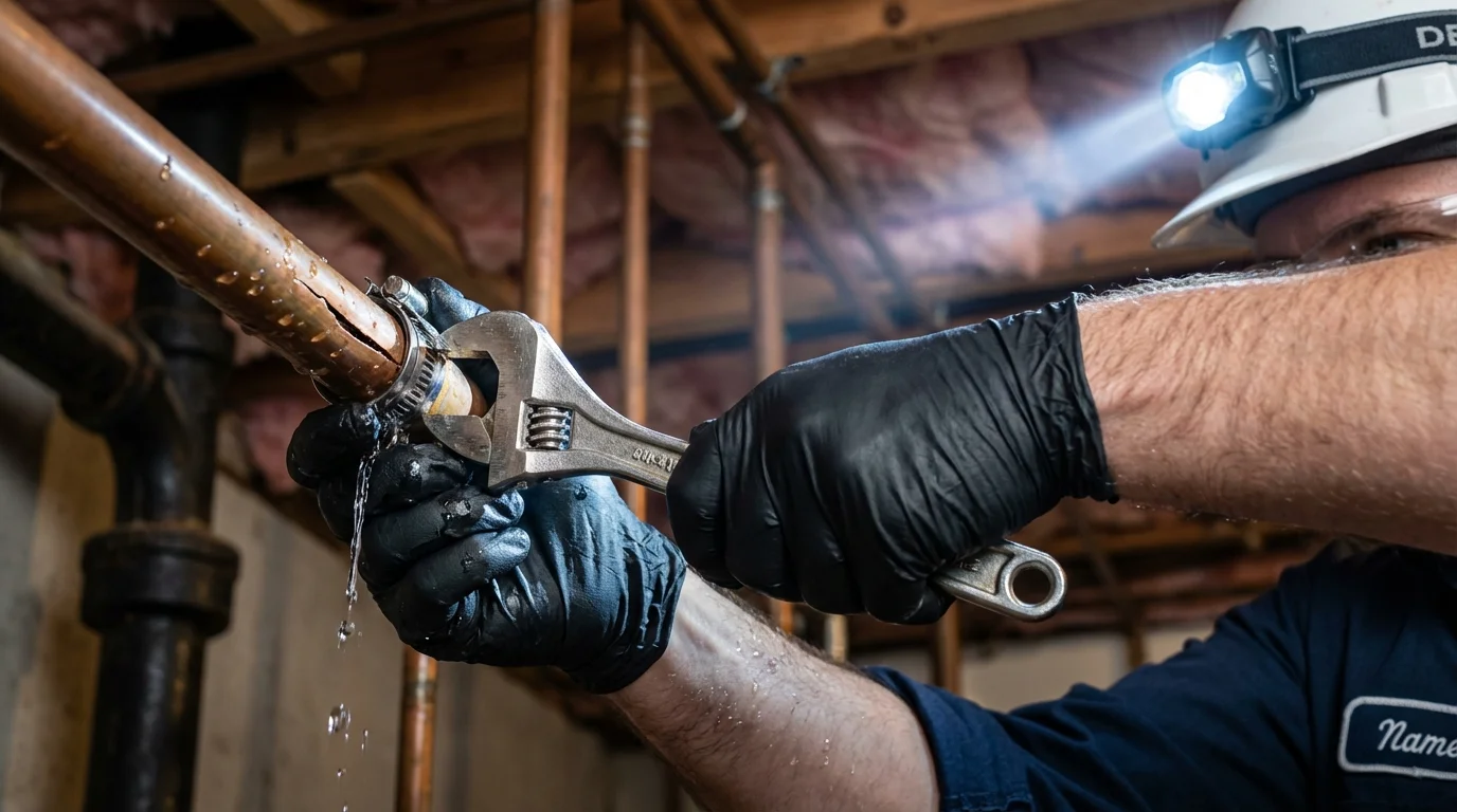 Emergency pipe clamp repair being performed by a Johns Plumbing LLC plumber in Wellton