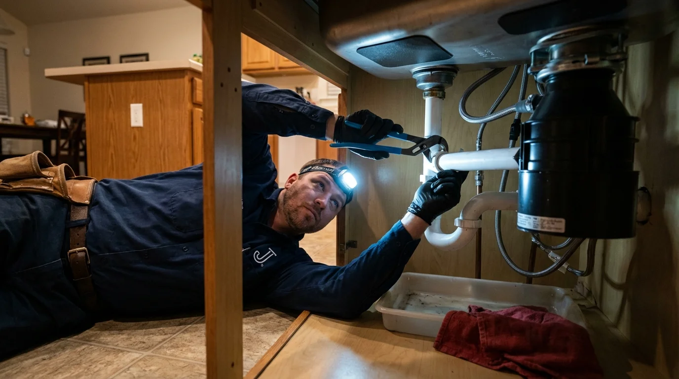 P-trap and supply line connections under a kitchen sink showing a common leak point in Wellton, AZ